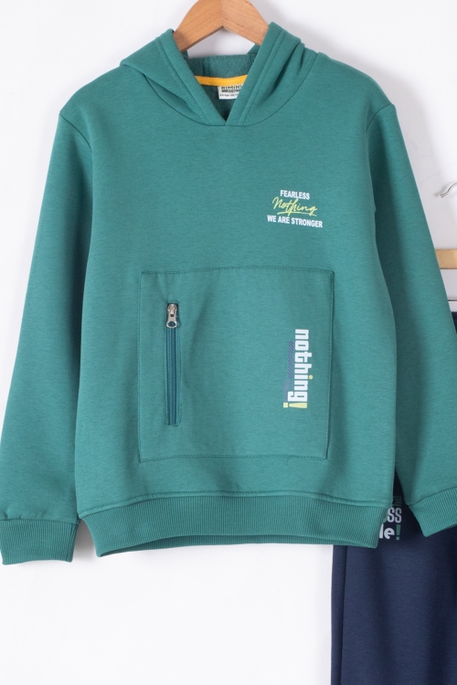 Yeşil Fermuar Cepli Kapüşonlu Şardonlu Erkek Çocuk Eşofman Takım 19603