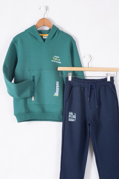 Yeşil Fermuar Cepli Kapüşonlu Şardonlu Erkek Çocuk Eşofman Takım 19603