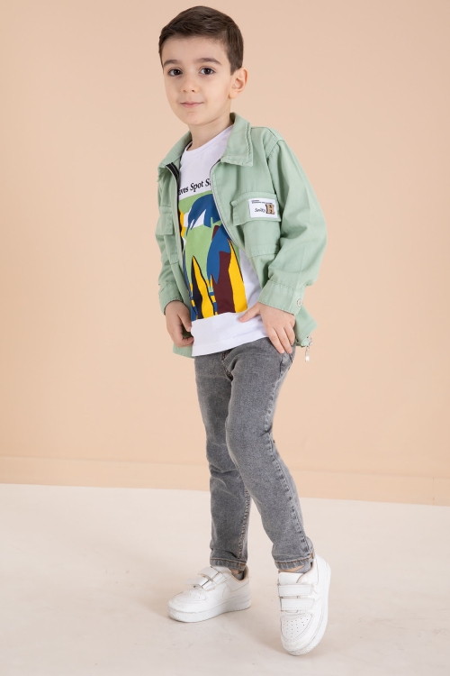 Yeşil Fermuarlı Ceketli Tişörtlü Erkek Çocuk 3lü Alt Üst Takım 19962