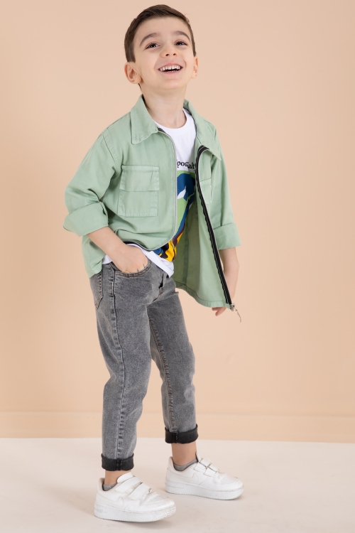 Yeşil Fermuarlı Ceketli Tişörtlü Erkek Çocuk 3lü Alt Üst Takım 19962