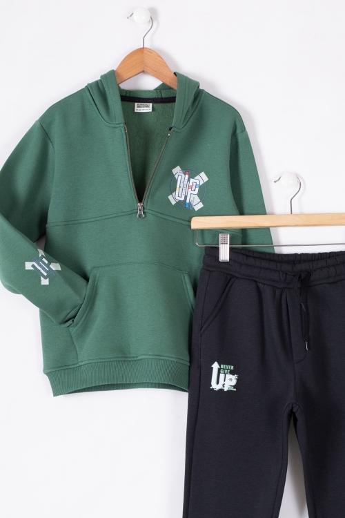 Yeşil Fermuarlı Yaka Kapüşonlu Erkek Çocuk Şardonlu Eşofman Takımı 19620