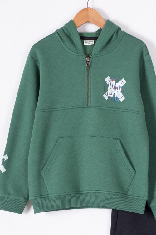 Yeşil Fermuarlı Yaka Kapüşonlu Erkek Çocuk Şardonlu Eşofman Takımı 19620