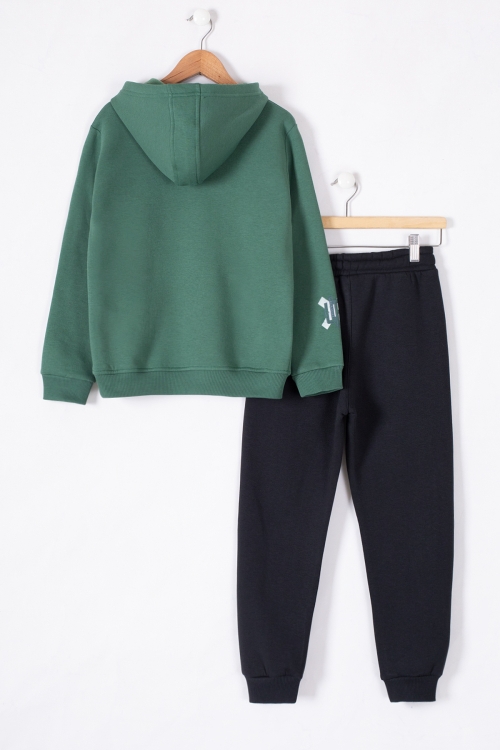 Yeşil Fermuarlı Yaka Kapüşonlu Erkek Çocuk Şardonlu Eşofman Takımı 19620