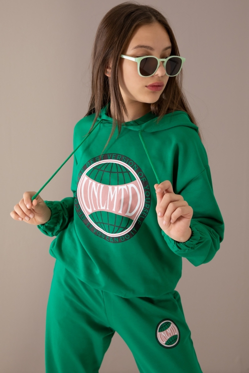 Yeşil Göğsü Logo Baskılı Kapüşonlu Kız Eşofman Takımı 19764