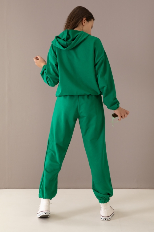 Yeşil Göğsü Logo Baskılı Kapüşonlu Kız Eşofman Takımı 19764