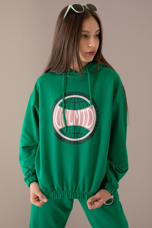 Yeşil Göğsü Logo Baskılı Kapüşonlu Kız Eşofman Takımı 19764