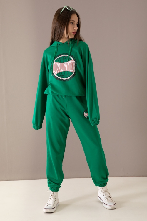 Yeşil Göğsü Logo Baskılı Kapüşonlu Kız Eşofman Takımı 19764