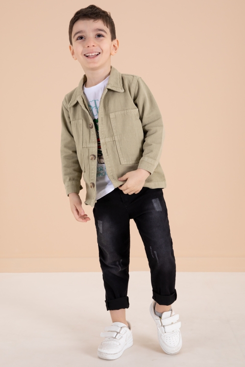 Yeşil Jean Ceketli Pantolonlu Erkek Çocuk 3lü Takım 20016