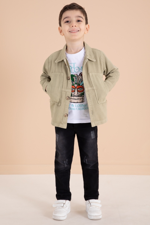 Yeşil Jean Ceketli Pantolonlu Erkek Çocuk 3lü Takım 20016