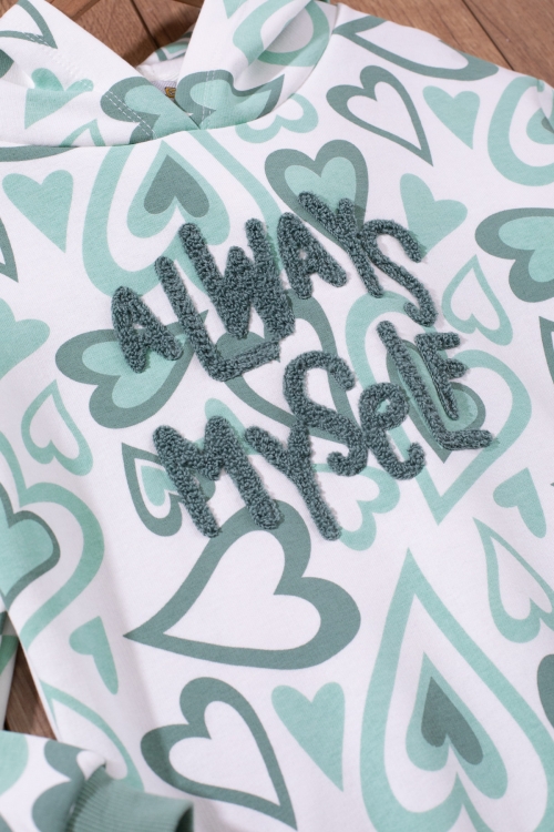 Yeşil Kalp Desenli Peluş Detaylı Kız Çocuk Kapüşonlu Sweatshirt 19647