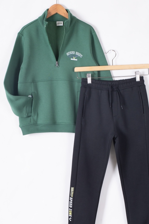 Yeşil Kanguru Cepli Fermuar Yaka Erkek Çocuk Şardonlu Eşofman Takım 19612