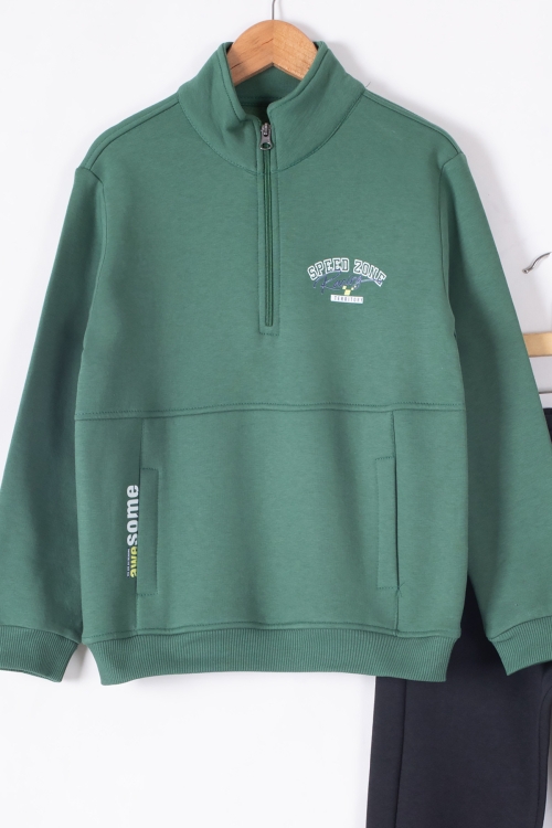 Yeşil Kanguru Cepli Fermuar Yaka Erkek Çocuk Şardonlu Eşofman Takım 19612