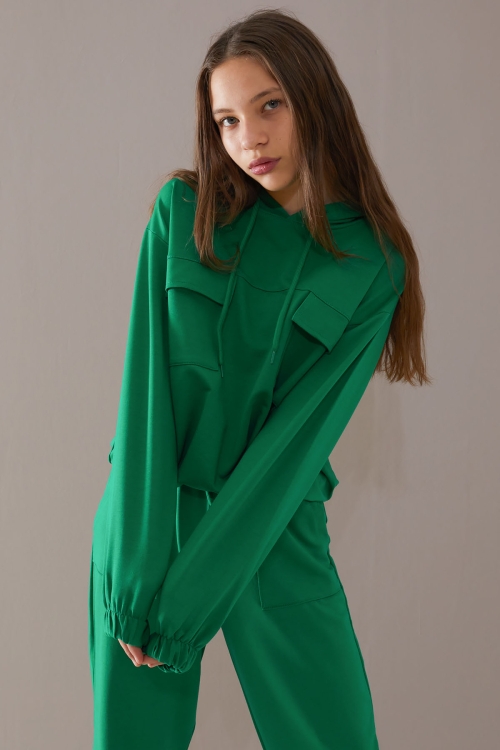 Yeşil Kapaklı Cepli Kapüşonlu Kız Çocuk Eşofman Takımı 19784