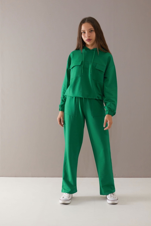 Yeşil Kapaklı Cepli Kapüşonlu Kız Çocuk Eşofman Takımı 19784