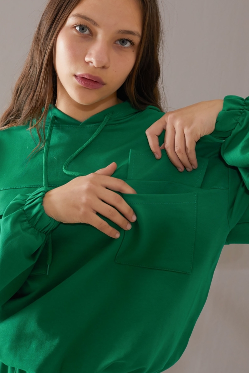 Yeşil Kapaklı Cepli Kapüşonlu Kız Çocuk Eşofman Takımı 19784