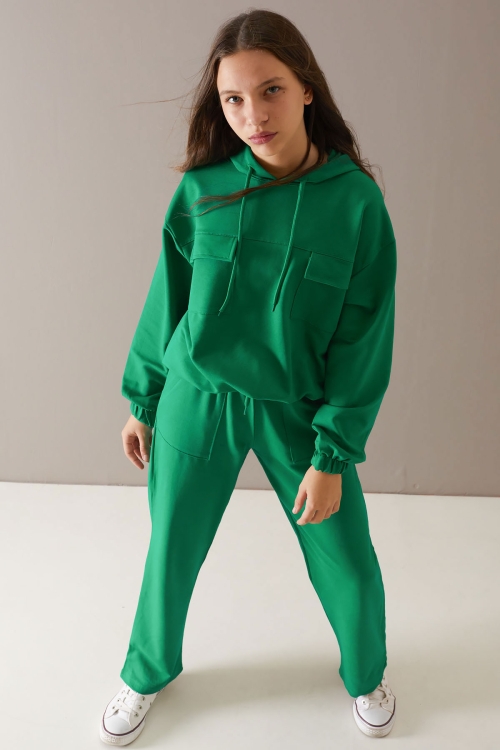 Yeşil Kapaklı Cepli Kapüşonlu Kız Çocuk Eşofman Takımı 19784