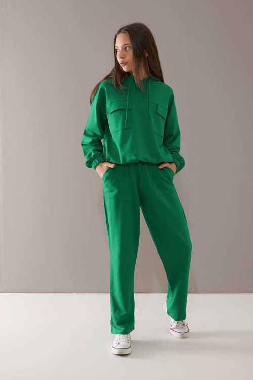 Yeşil Kapaklı Cepli Kapüşonlu Kız Çocuk Eşofman Takımı 19784