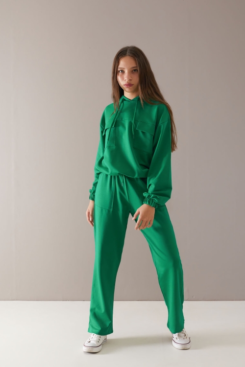 Yeşil Kapaklı Cepli Kapüşonlu Kız Çocuk Eşofman Takımı 19784