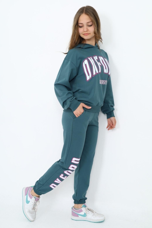 Yeşil Oxford Baskılı Kapüşonlu Kız Çocuk Eşofman Takımı 19819