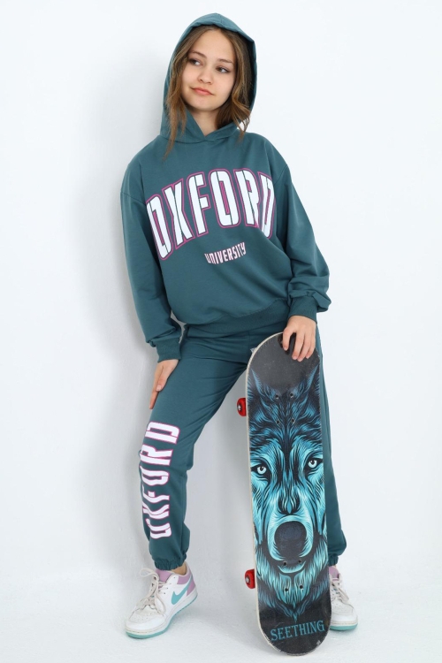 Yeşil Oxford Baskılı Kapüşonlu Kız Çocuk Eşofman Takımı 19819