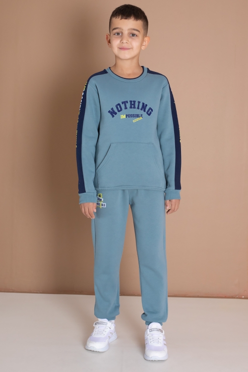 Yeşil Şerit Yazı Baskılı Şardonlu Erkek Çocuk Eşofman Takımı 19605