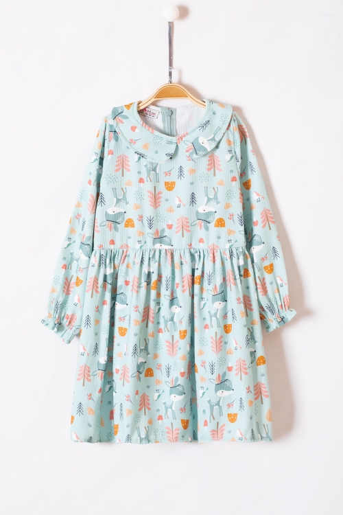 Yeşil Sevimli Desenli Süveterli Kız Çocuk Elbise 19552