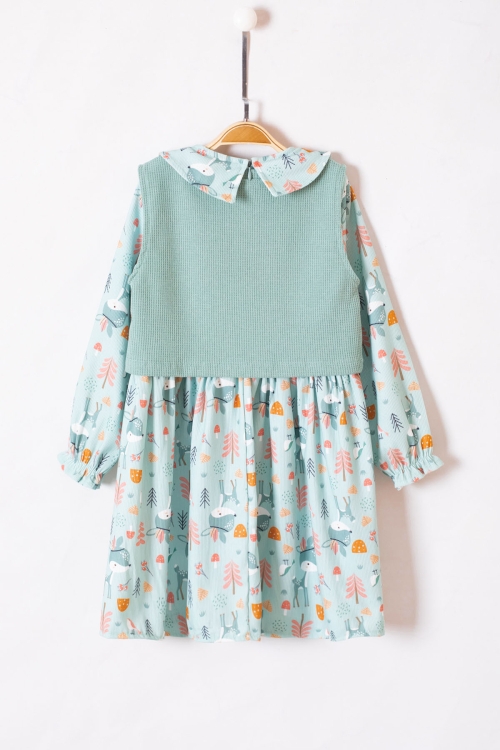 Yeşil Sevimli Desenli Süveterli Kız Çocuk Elbise 19552
