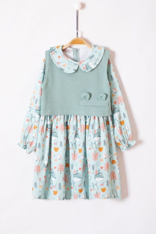 Yeşil Sevimli Desenli Süveterli Kız Çocuk Elbise 19552