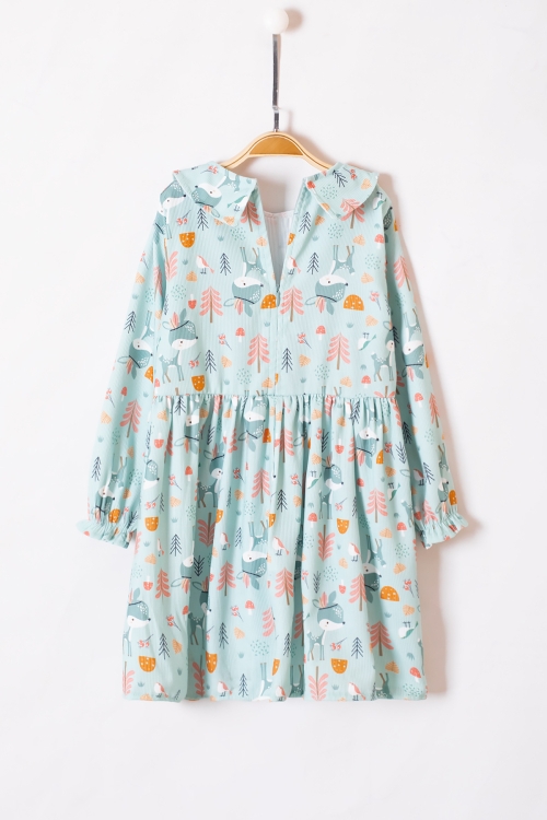 Yeşil Sevimli Desenli Süveterli Kız Çocuk Elbise 19552