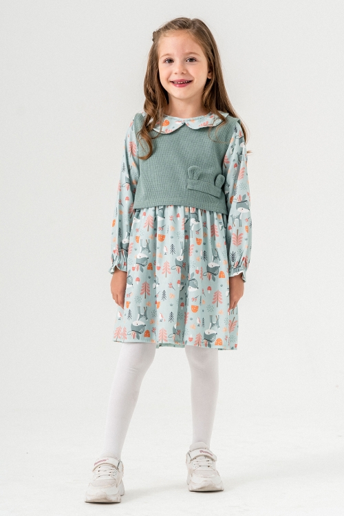 Yeşil Sevimli Desenli Süveterli Kız Çocuk Elbise 19552