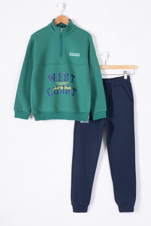 Yeşil West Yazılı Fermuar Yaka Erkek Çocuk Şardonlu Eşofman Takım 19596