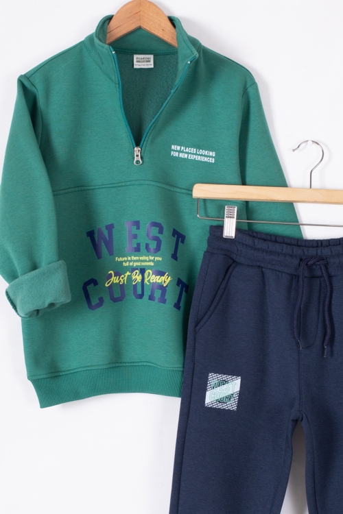 Yeşil West Yazılı Fermuar Yaka Erkek Çocuk Şardonlu Eşofman Takım 19596