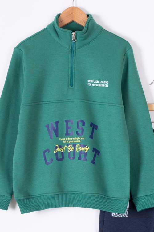 Yeşil West Yazılı Fermuar Yaka Erkek Çocuk Şardonlu Eşofman Takım 19596