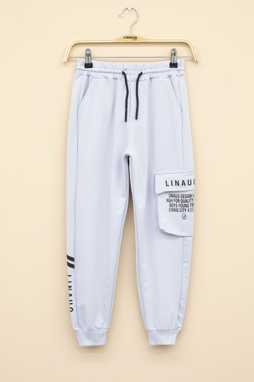 Açık Gri Yazı Baskılı Cepli Erkek Çocuk Beli Lastikli Eşofman Altı 20209