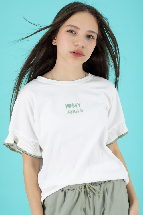 Açık Haki Yazılı Oversize Tişörtlü Paraşüt Pantolonlu Kız Çocuk Takım 20295