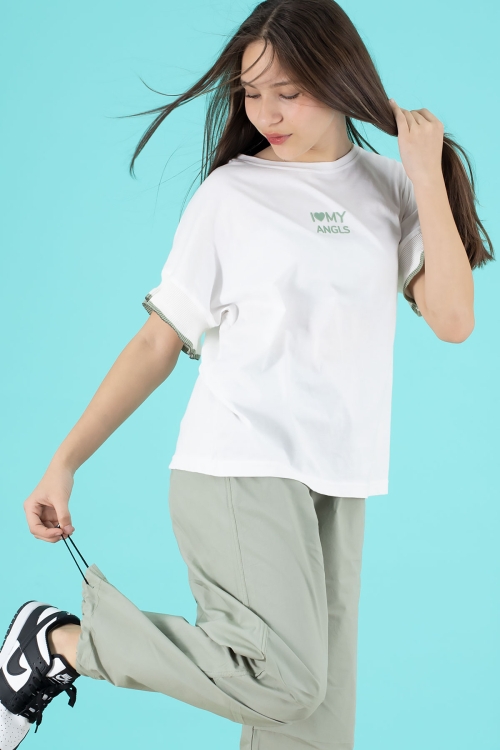 Açık Haki Yazılı Oversize Tişörtlü Paraşüt Pantolonlu Kız Çocuk Takım 20295