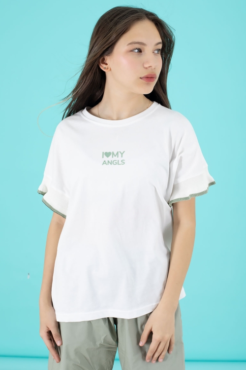 Açık Haki Yazılı Oversize Tişörtlü Paraşüt Pantolonlu Kız Çocuk Takım 20295