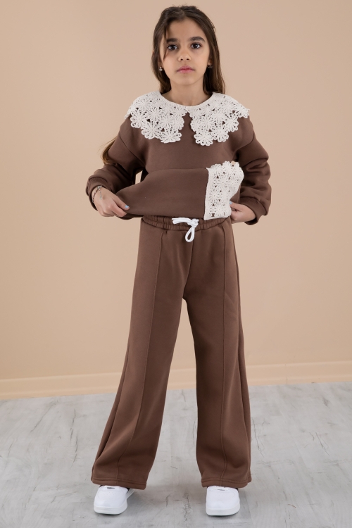 Açık Kahve Dantel Yakalı Şardonlu Kız Çocuk Eşofman Takımı 20252