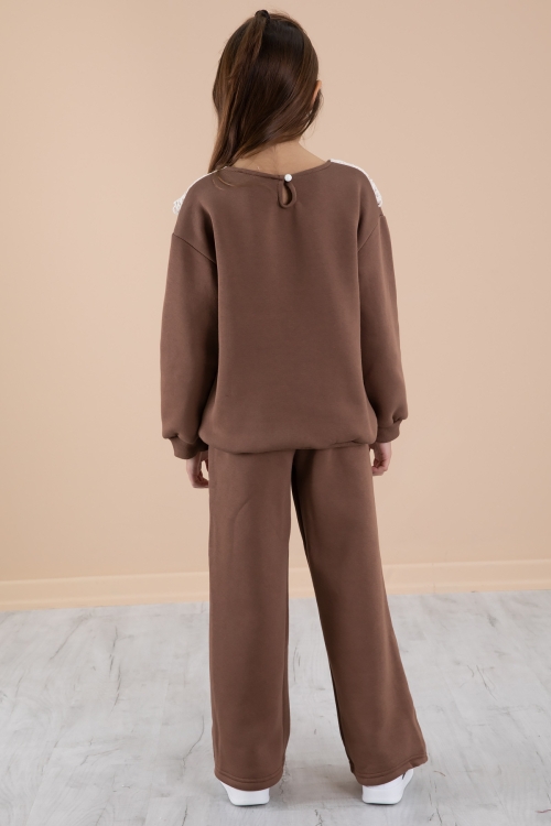 Açık Kahve Dantel Yakalı Şardonlu Kız Çocuk Eşofman Takımı 20252