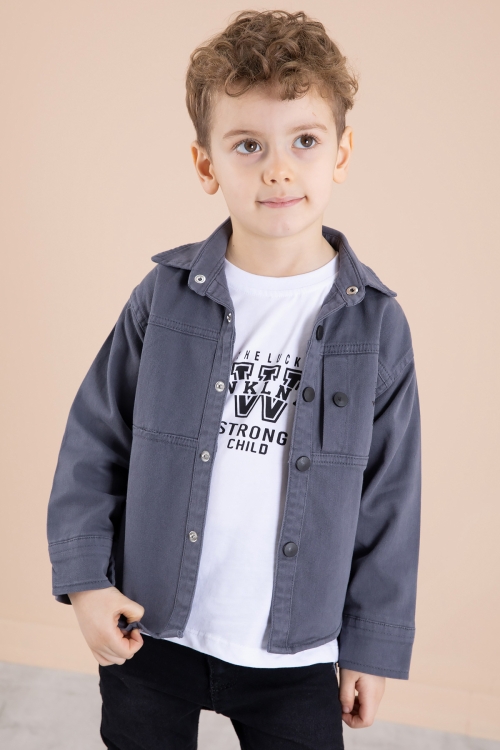 Antrasit Bisiklet Yaka Tişörtlü Keten Erkek Çocuk Gömlek 20076