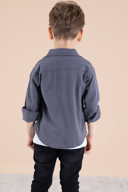 Antrasit Bisiklet Yaka Tişörtlü Keten Erkek Çocuk Gömlek 20076