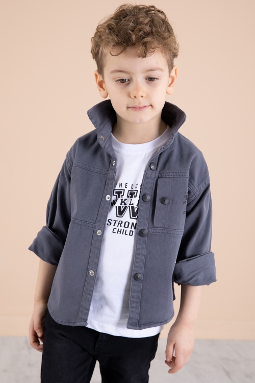 Antrasit Bisiklet Yaka Tişörtlü Keten Erkek Çocuk Gömlek 20076