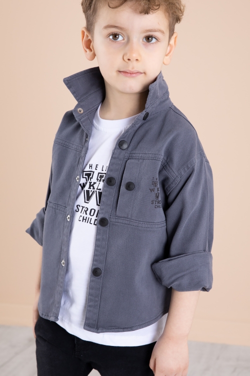 Antrasit Bisiklet Yaka Tişörtlü Keten Erkek Çocuk Gömlek 20076