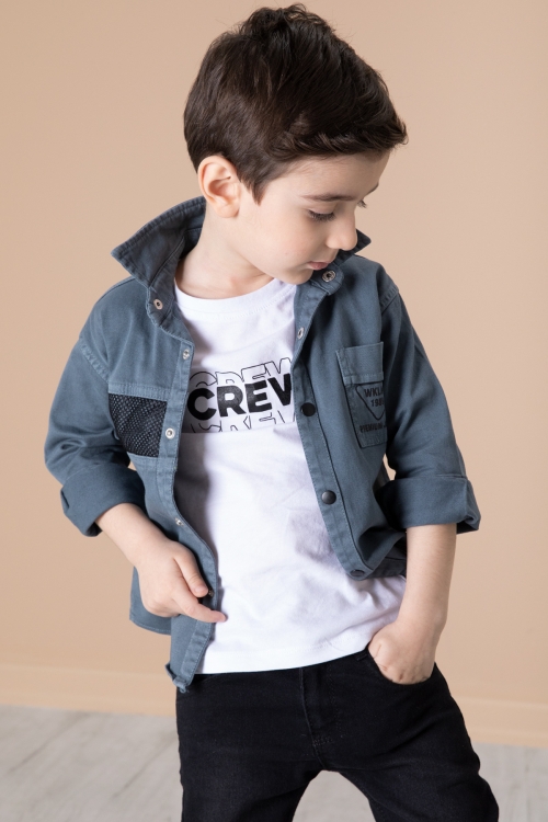 Erkek Çocuk Antrasit Crew Yazılı Tişörtlü ve File Detaylı Gömlekli 2li Takım 20084