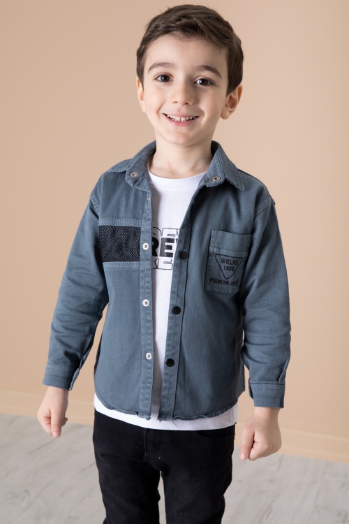 Erkek Çocuk Antrasit Crew Yazılı Tişörtlü ve File Detaylı Gömlekli 2li Takım 20084