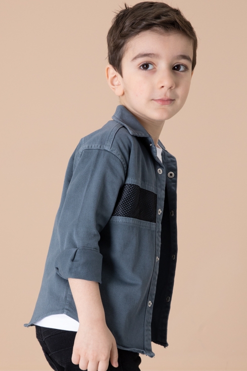 Erkek Çocuk Antrasit Crew Yazılı Tişörtlü ve File Detaylı Gömlekli 2li Takım 20084