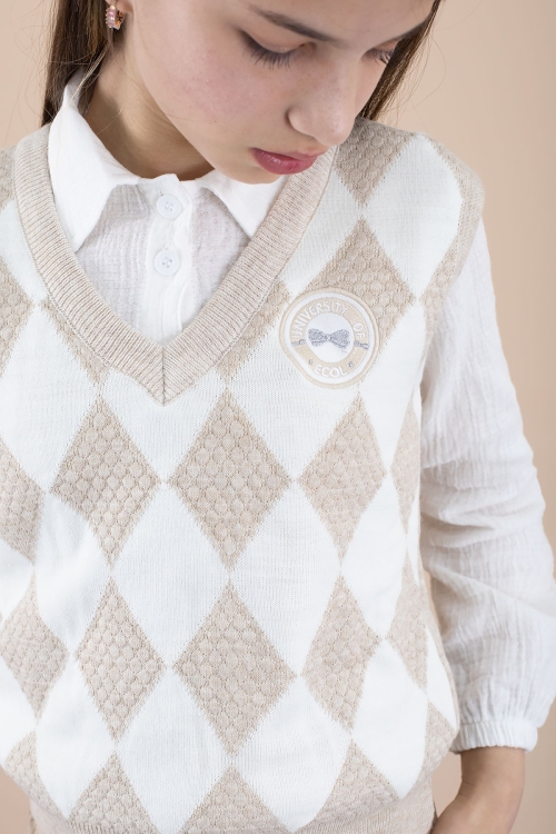 Bej Baklava Desenli Süveterli Gömlekli Kız Çocuk 3lü Takım 20533