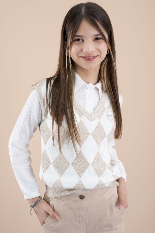 Bej Baklava Desenli Süveterli Gömlekli Kız Çocuk 3lü Takım 20533