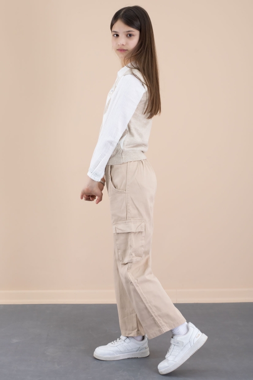 Bej Baklava Desenli Süveterli Gömlekli Kız Çocuk 3lü Takım 20533