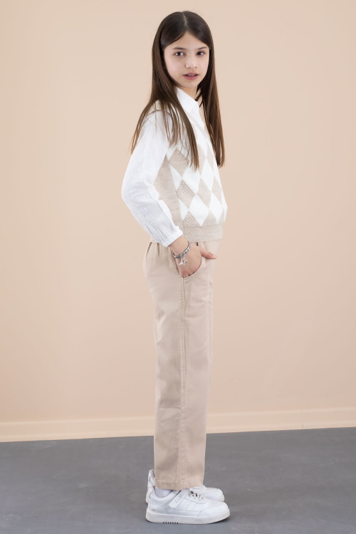 Bej Baklava Desenli Süveterli Gömlekli Kız Çocuk 3lü Takım 20533